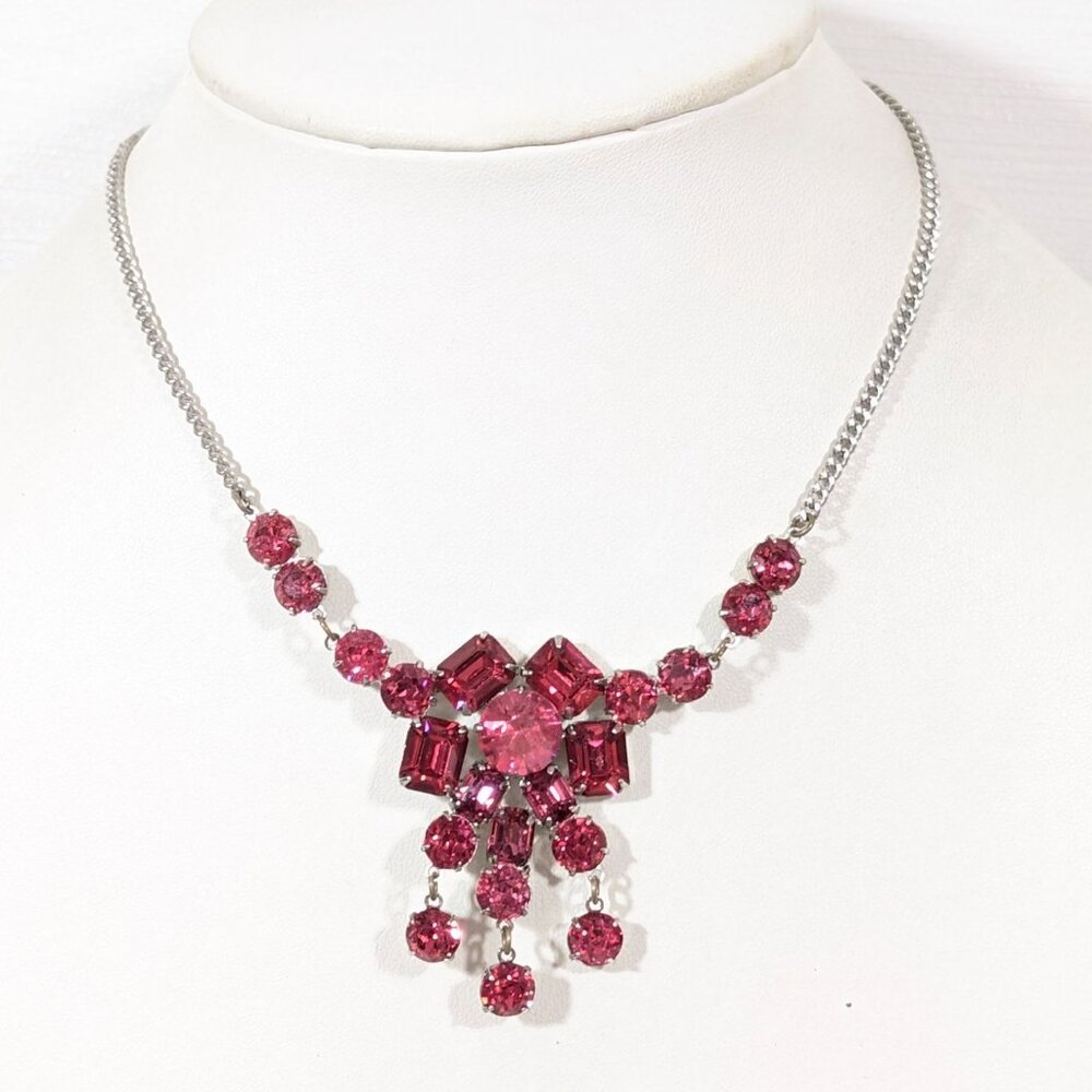 Vintage Pink Rhinestone Charm Fringe Flower Statement Necklace Glam MCM 16"
